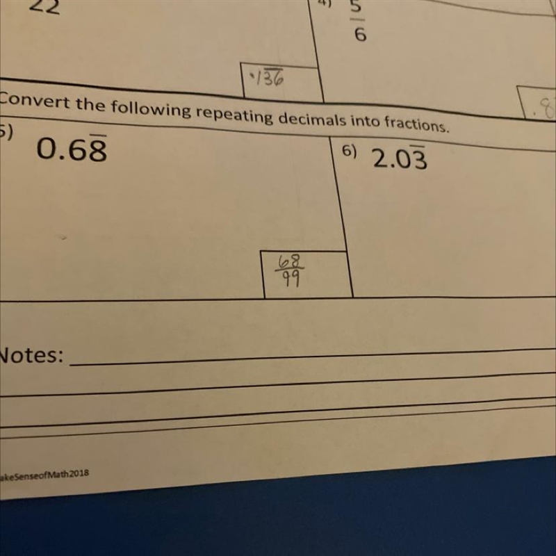 Convert the following repeating decimals into fractions. 5) 6) 2.03 the three is repeated-example-1