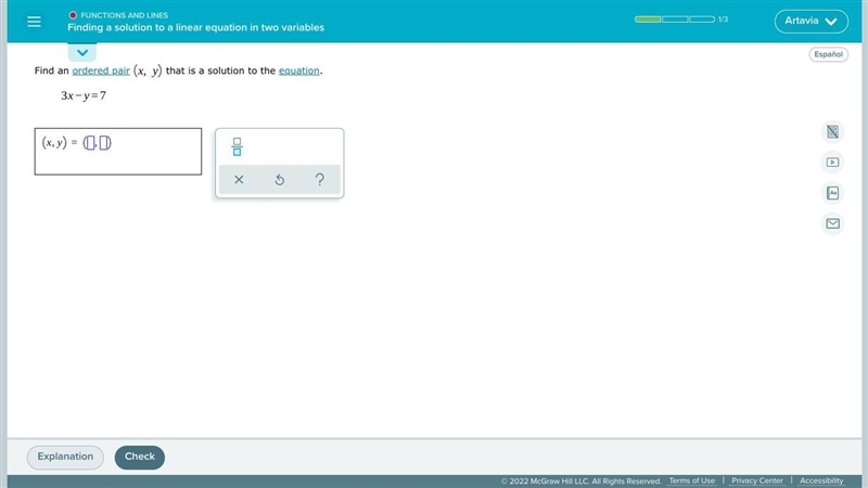 Find an ordered pair that is a solution to the equation.-example-1