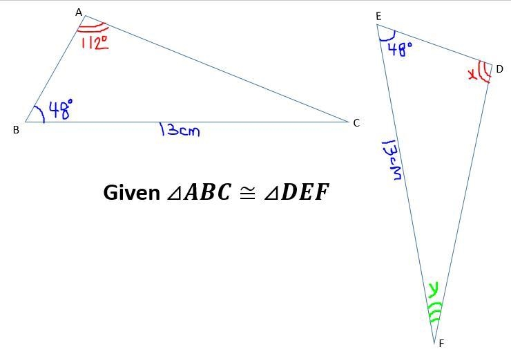 The image above shows two congruent triangles. What is the measure of angle y?-example-1