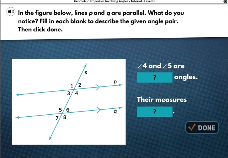 In the figure below, lines p and q are parallel. What do you notice? the options are-example-1