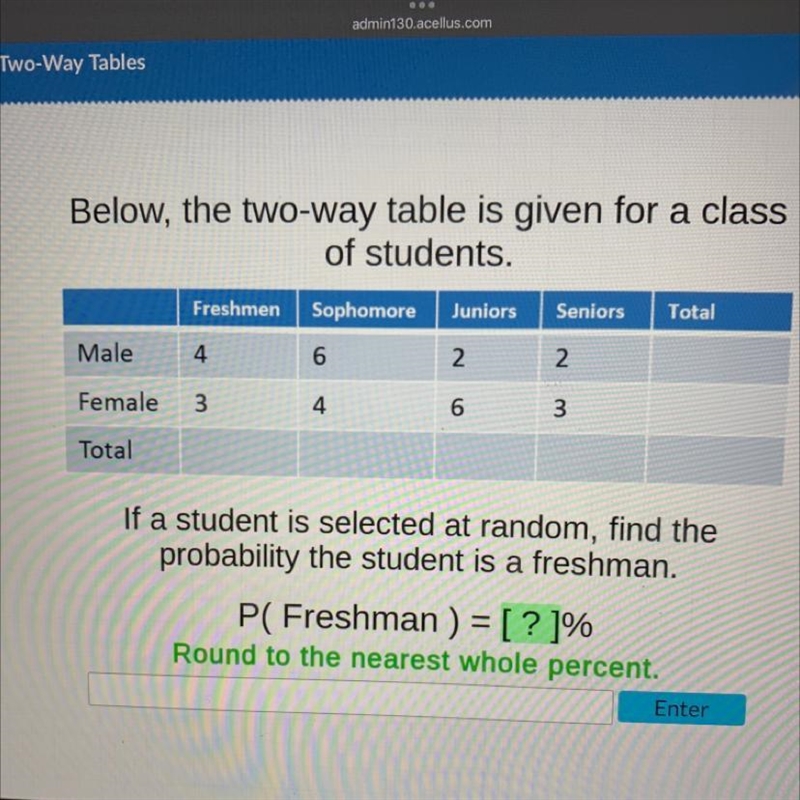 Below, the two-way table is given for a class of students. Freshmen Male 4 Female-example-1