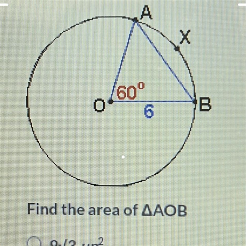 Find the area of AAOB 9√3 un² 3√3 un² 4.5√3 un-example-1