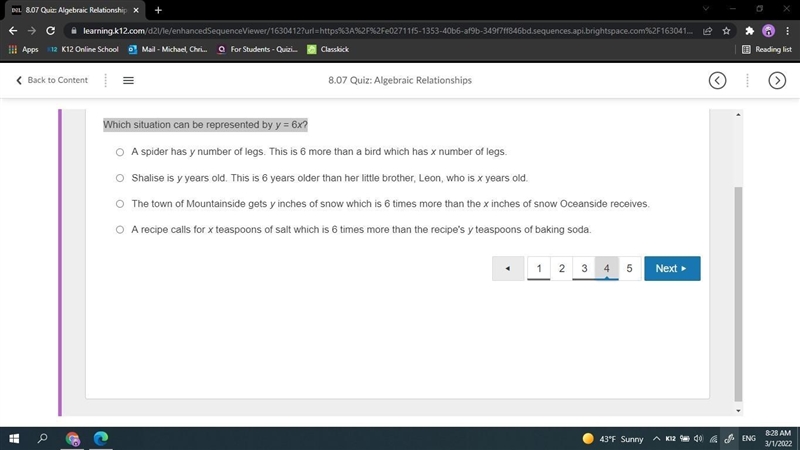 Which situation can be represented by y = 6x?-example-1