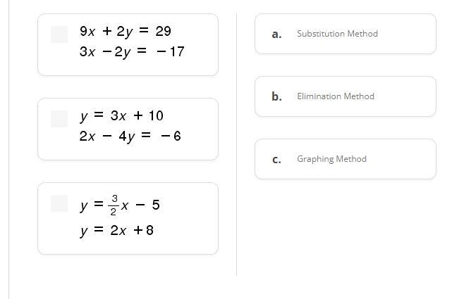 Match the following systems of equations to the best method of solving. Do not actually-example-1