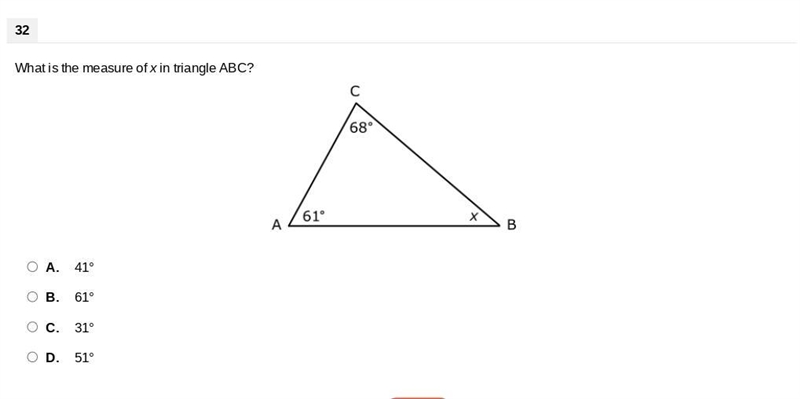 What is the measure of x in triangle ABC? A. 41° B. 61° C. 31° D. 51°-example-1