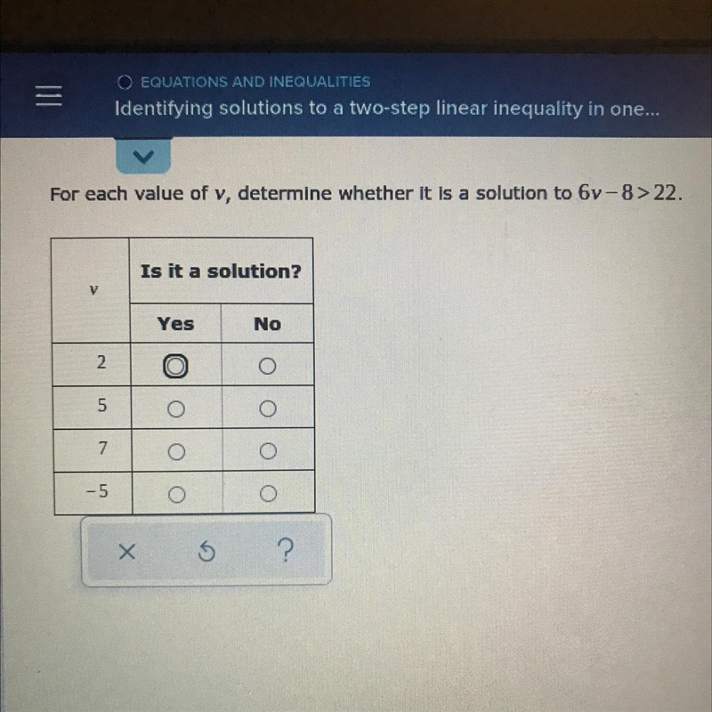 For each value of v, determine whether it is a solution to 6v-8>22.-example-1