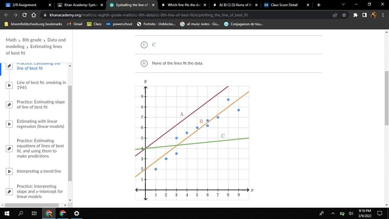 A) B) C) D) None of the lines fit the data-example-1