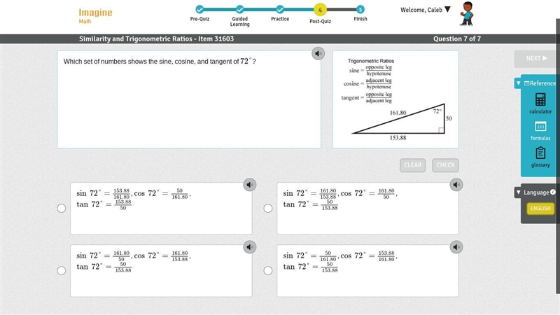 Which set of numbers shows the sine, cosine, and tangent of 72°?-example-1