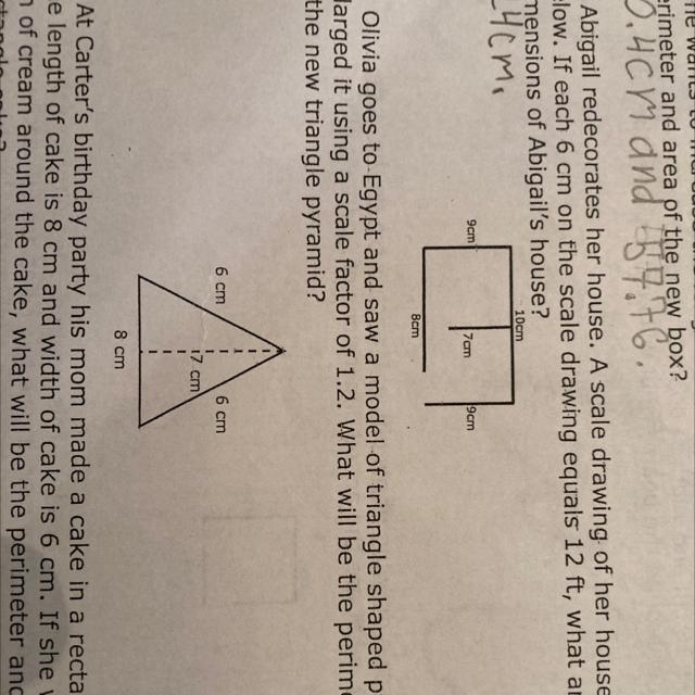 9cm 7 cm 9cm 8cm Olivia goes to Egypt and saw a model of irged it using a scale factor-example-1