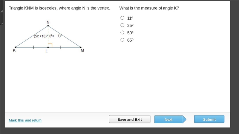 Triangle KNM is isosceles, where angle N is the vertex. What is the measure of angle-example-1