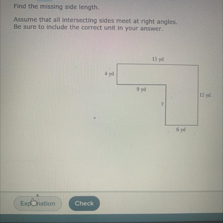 Find the missing side length.Assume that all intersecting sides meet at right angles-example-1