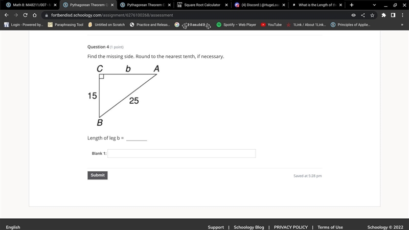 Find the missing side. Round to the nearest tenth, if necessary. Length of leg b =-example-1