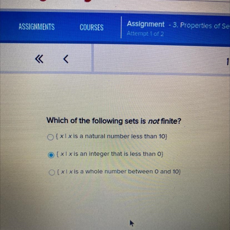 Which of the following sets is not finite?-example-1