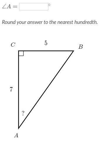 ∠A = ___∘ Round your answer to the nearest hundredth.-example-1