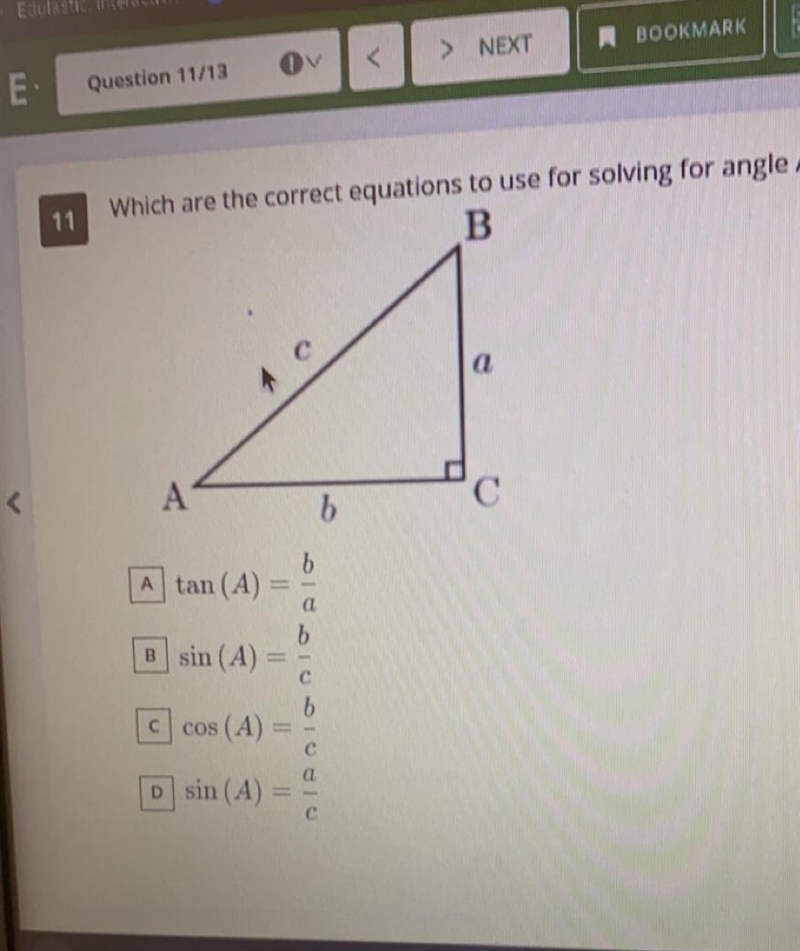 Which are the correct equations to use for solving angle A?-example-1