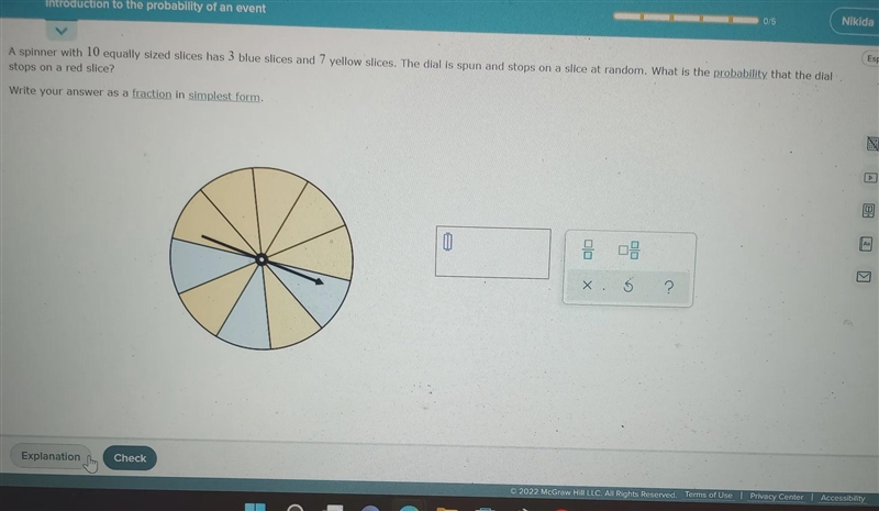 A spinner with 10 equally sized slices has 3 blue slices and 7 yellow slices. The-example-1