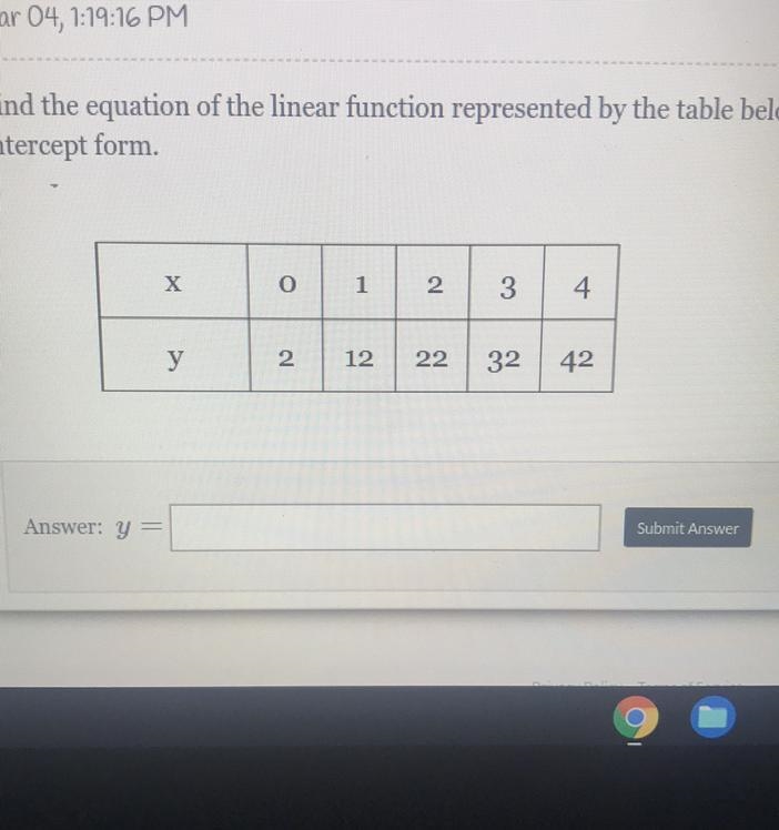 Find the equation of the linear function represented by the table below in slope- intercept-example-1