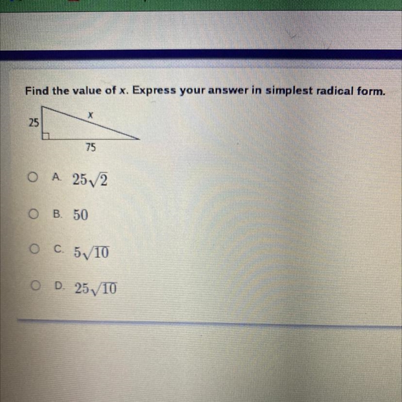 Find the value of X express your answer in simplest radical form.-example-1