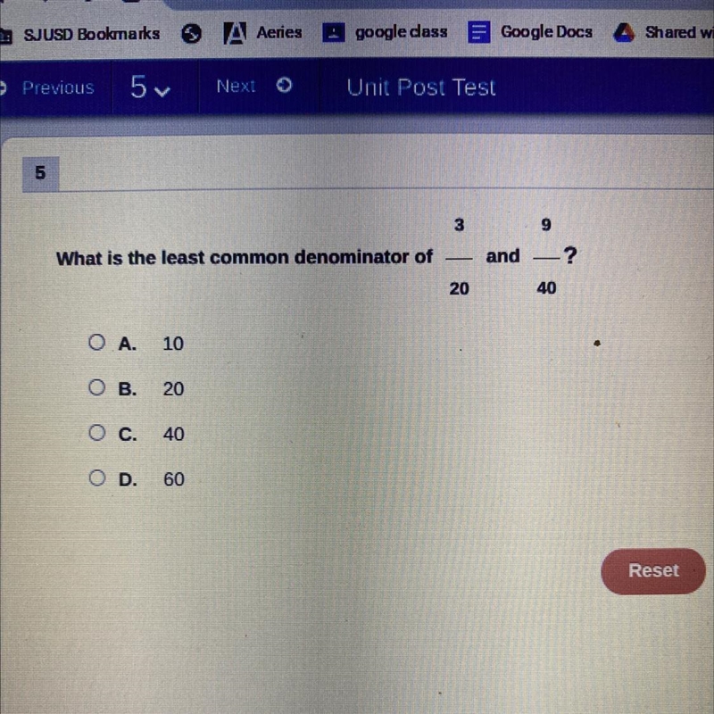 What is the common denominator of 3/20 and 9/40 ?-example-1