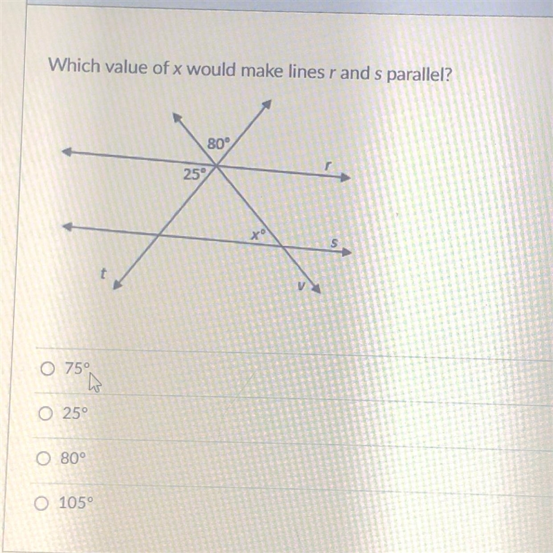 Which value of x makes lines r and s parellel-example-1