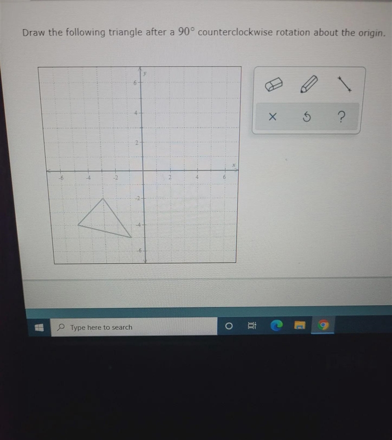 Draw the following triangle after a 90-degree counterclockwise rotation about the-example-1