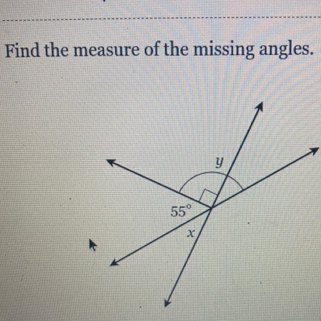 Find the measure of the missing angles. 55° X y-example-1