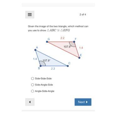 Given the image of the two triangle, which method can you use to show △ABC≅△EFG-example-1