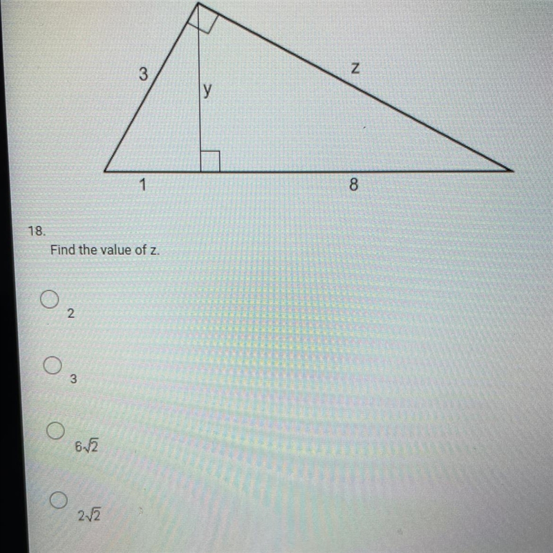 Find the value of z. 2 6√2 3 2√2-example-1