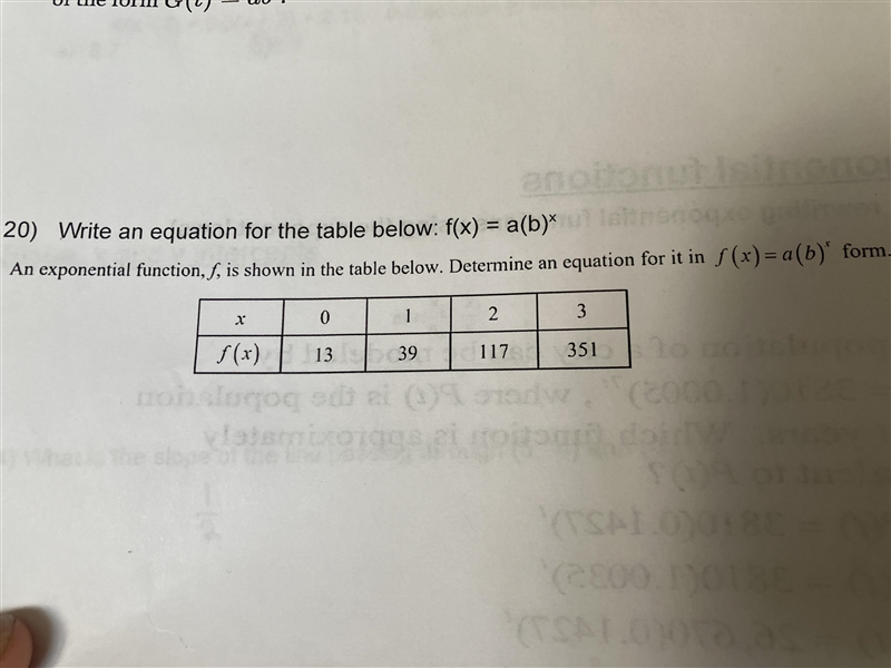 Write an equation for the table below:f(x)=a(b)^x-example-1