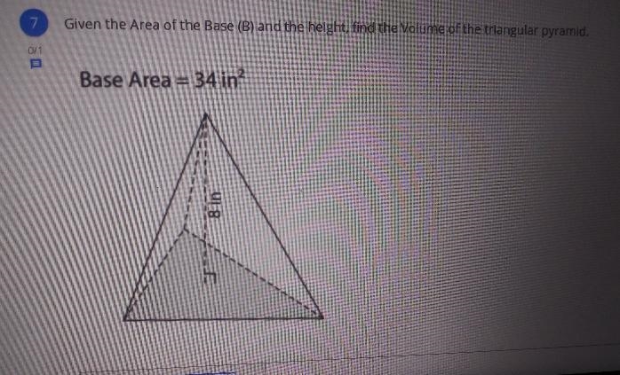 Given the. area of the base (B) and the height find the volume of the triangular pyramid-example-1