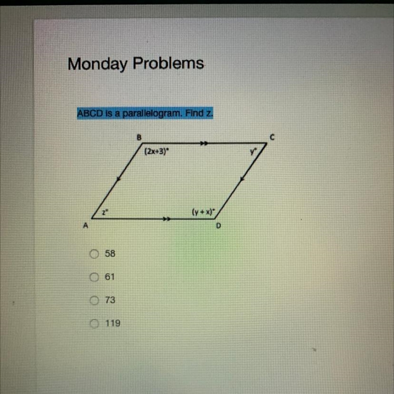 ABCD is a parallelogram. Find z.-example-1