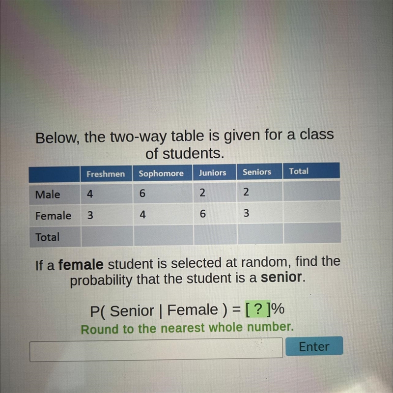 Below, the two-way table is given for a class of students. Sophomore Male Female Total-example-1