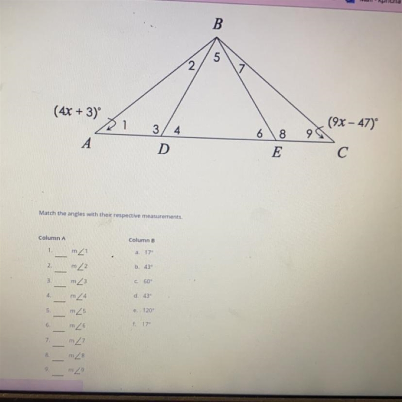 Match the angles with their respective measurements: PLEASE HELP!!-example-1