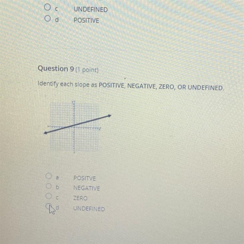 Question 9 (1 point) Identify each slope as POSITIVE, NEGATIVE, ZERO, OR UNDEFINED-example-1