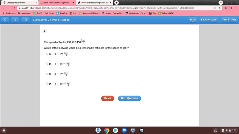 The speed of light is 299,792.458 . Which of the following would be a reasonable estimate-example-1