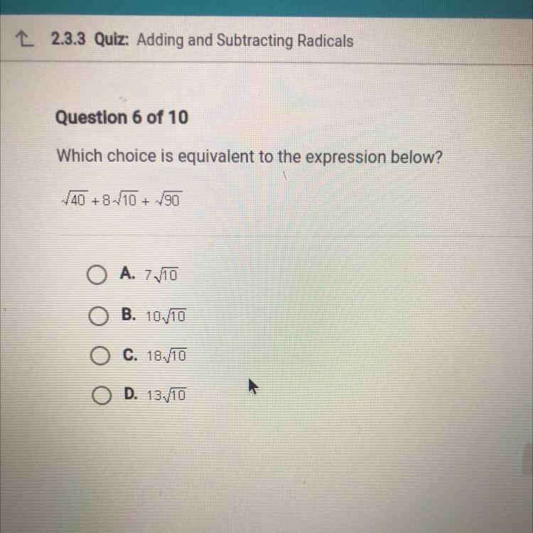 Which Choice is equivalent to the expression below V40+8V10+90-example-1