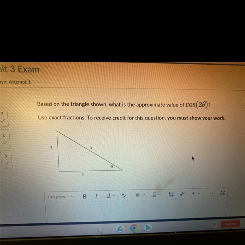 1 Based on the triangle shown, what is the approximate value of COS(20)? Use exact-example-1