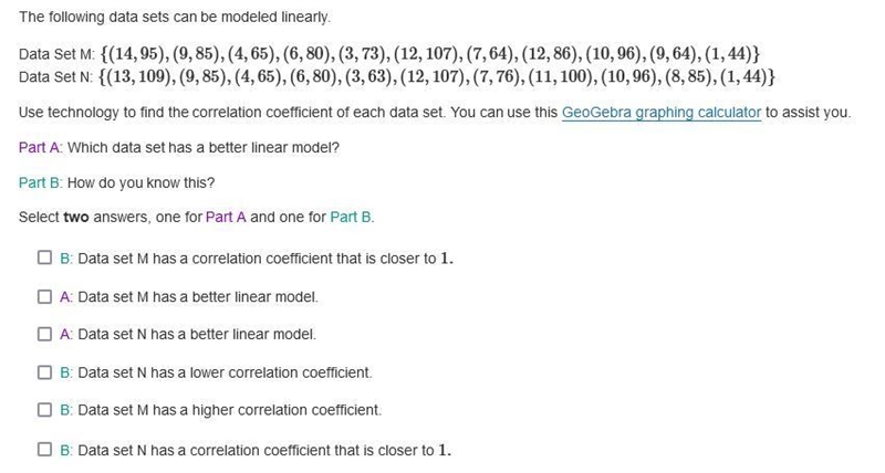 The following data sets can be modeled linearly.-example-1