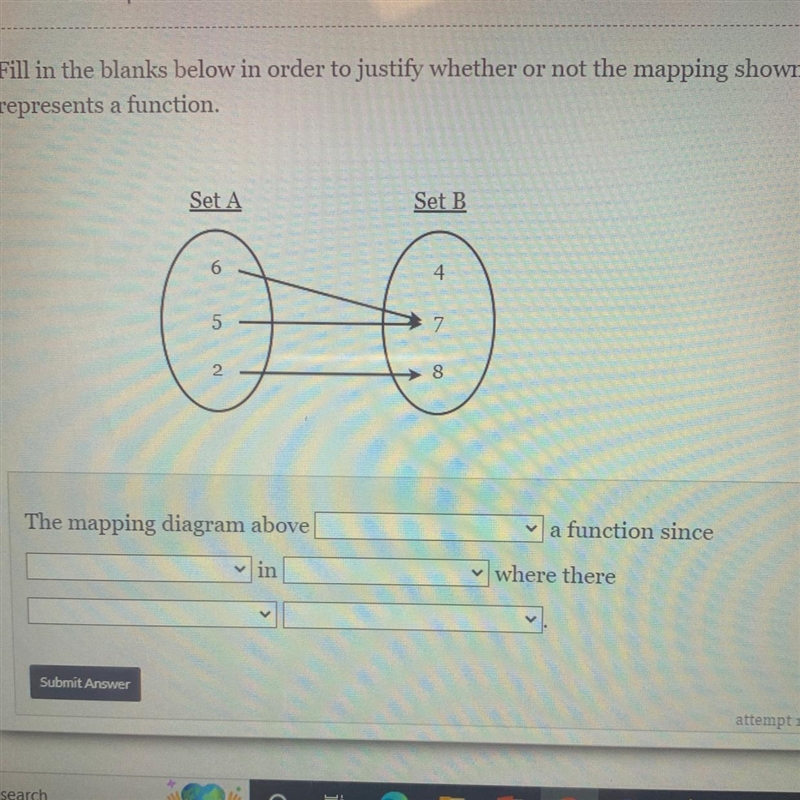 The mapping diagram above (does not/does represents) a function since (there is one-example-1