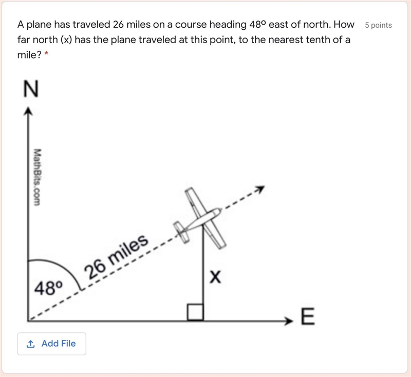 A plane has traveled 26 miles on a course heading 48º east of north. How far north-example-1