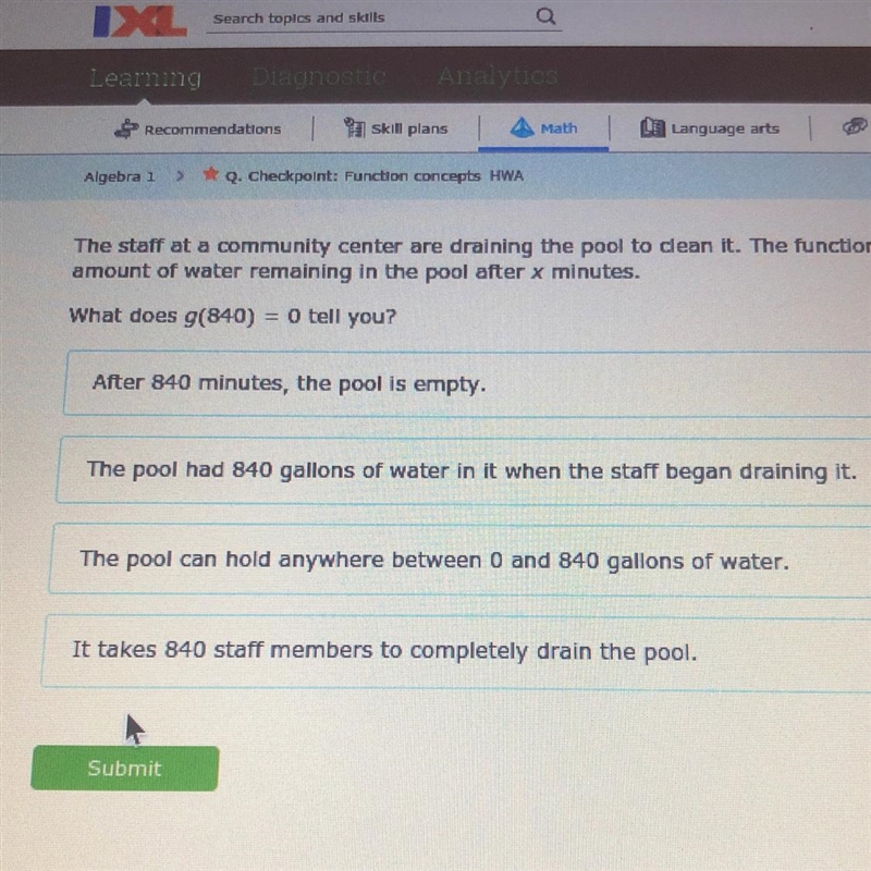 The staff at a community center are draining the pool to dean it. The function () gives-example-1