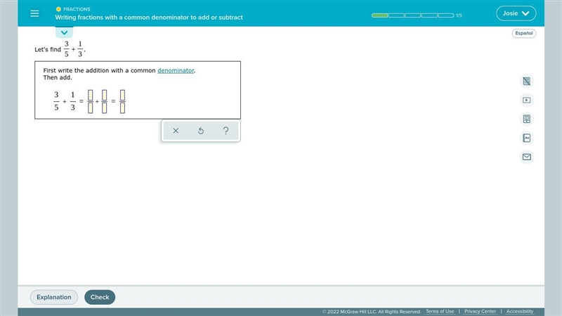 Writing fractions with common denominators to add or subtract(Aleks)-example-1