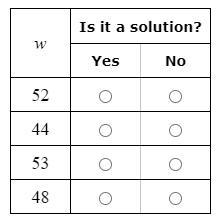 For each value of w, determine whether it is a solution to w-38<11.-example-1