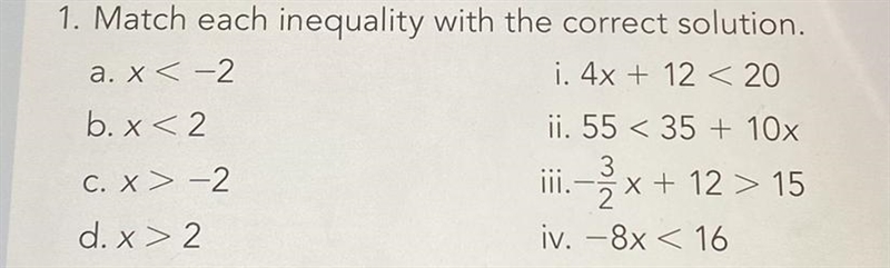 Match each inequality with the correct solution.-example-1