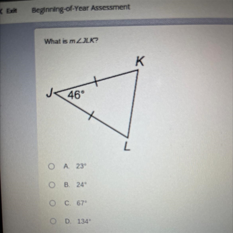 What is m A. 23 Degrees B. 24 Degrees C. 67 Degrees D. 134 Degrees-example-1