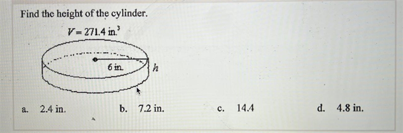 Find the height of the cylinder. V=271.4 in^3-example-1