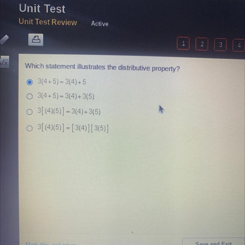 Which statement illustrates the distributive property? 3(4+5) = 3(4)+5 3(4+5)-3(4)+ 3(5) 3[(4)(5)] - 3(4)+3(5) 3[(4)(5)] = [ 3(4)][3(5)]-example-1