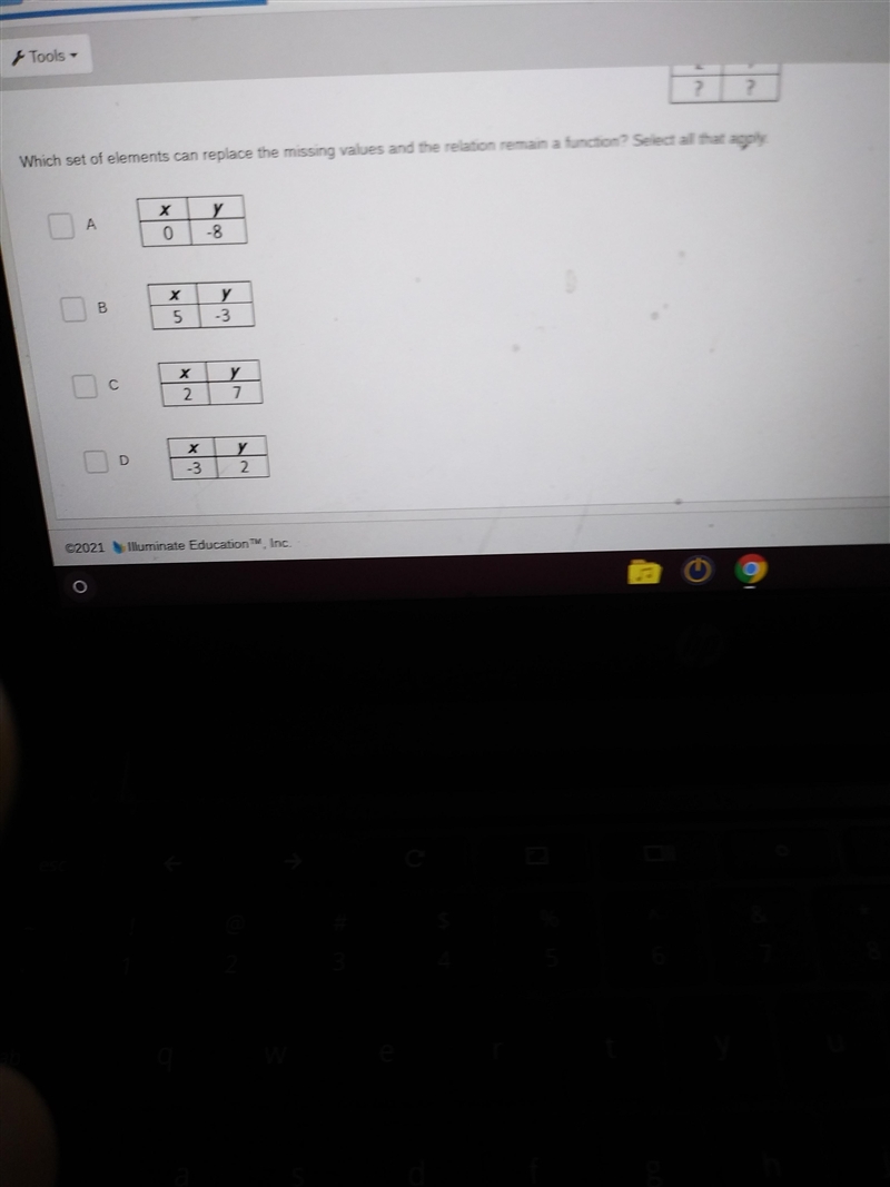 Tools - Question 1 X 5 -3 -8 0 0 2. 2. ? 7 ? Which set of elements can replace the-example-2