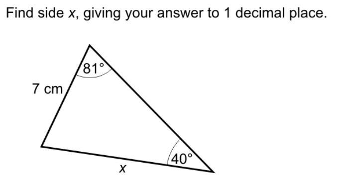 Find side x, giving your anwser to 1 decimal place-example-1