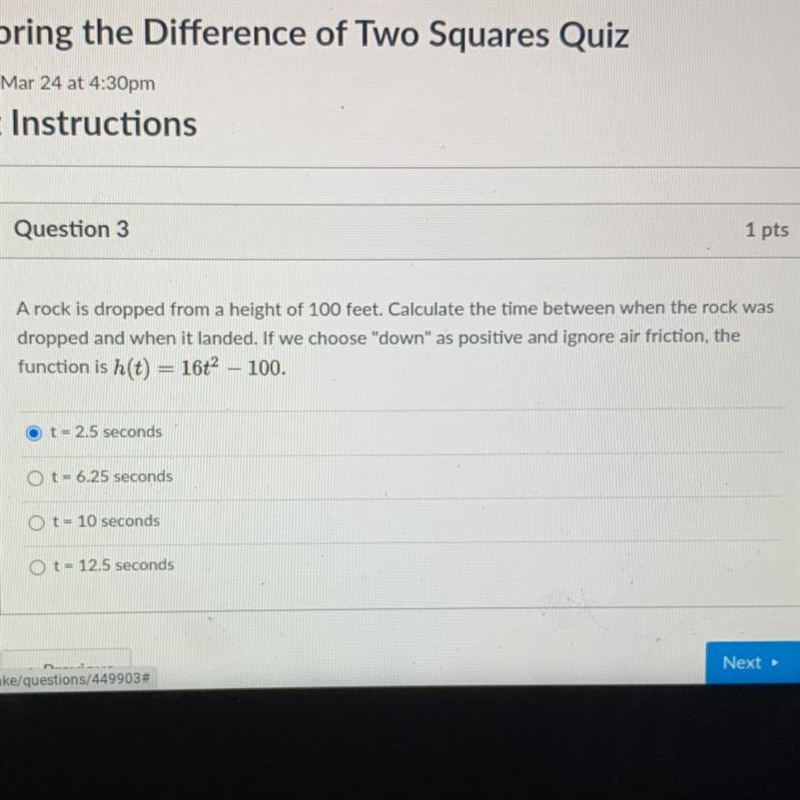 A rock is dropped from a height of 100 feet. Calculate the time between when the rock-example-1